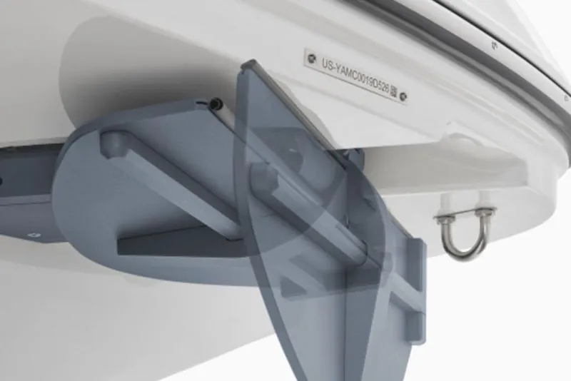 Slide: The Image of 2026 Yamaha Boats 222XD hull detail with advanced steering mechanism. - 2