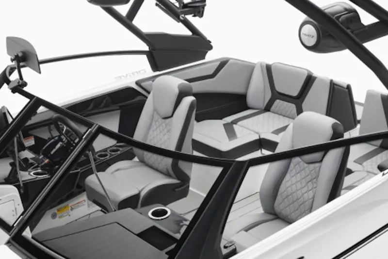 Slide: The Image of 2026 Yamaha Boats 222XD interior with modern seating and sleek design. - 3