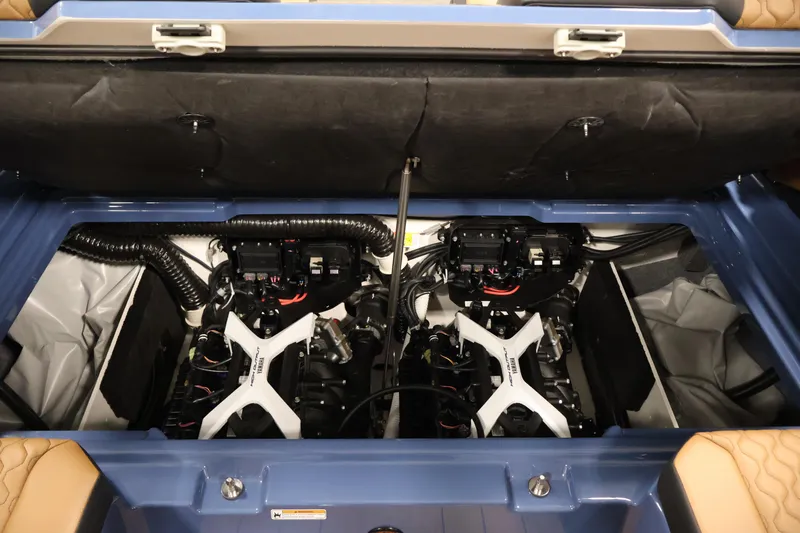 Slide: The Image of Engine compartment of 2026 Yamaha Boats 222XD, showcasing dual engines and mechanical components. - 36