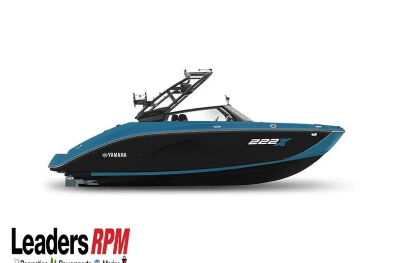Slide: The Image of 2026 Yamaha Boats 222XD, sleek design, blue and black color, side view. - 48