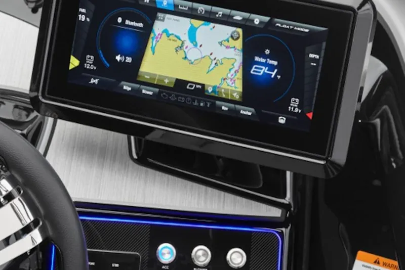 Slide: The Image of Yamaha Boats 2026 222XD dashboard with touchscreen display showing navigation and water temperature. - 7