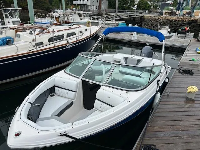 The Image of 2019 Regal 21 OBX boat docked, featuring sleek design and blue canopy. - 0
