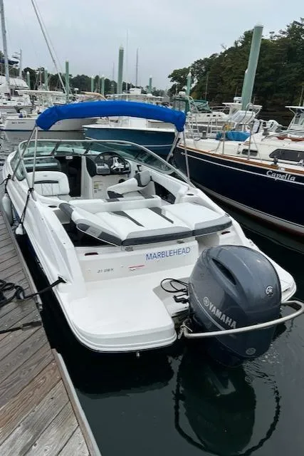 Slide: The Image of 2019 Regal 21 OBX boat docked with Yamaha outboard motor, blue canopy, and white seating. - 11