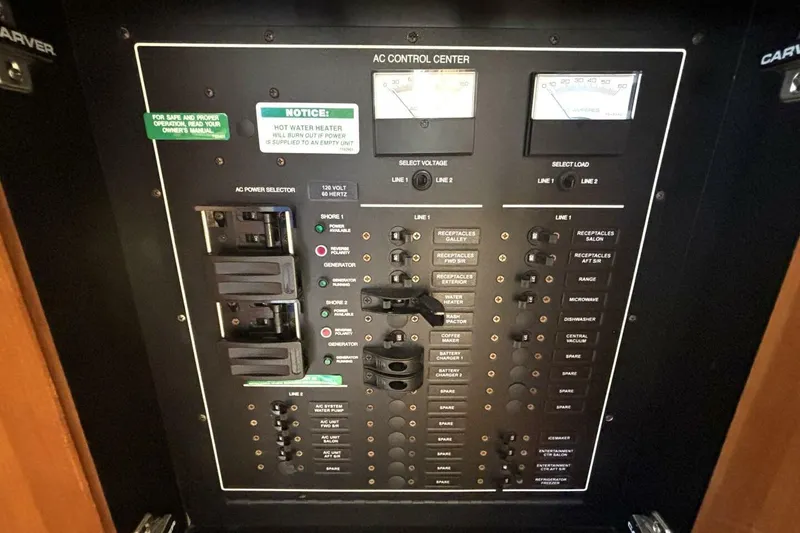 Slide: The Image of Control panel of a 2003 Carver 396 Motor Yacht, featuring AC power selectors and gauges. - 50