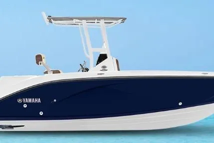 Slide: The Image of 2026 Yamaha Boats 222 FSH Sport, sleek design, blue and white hull, center console. - 51
