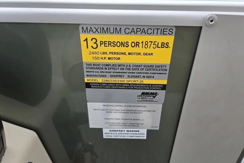 Slide: The Image of Capacity label on 2026 Godfrey Xperience 2286 SBX boat, 13 persons or 1875 lbs. - 9