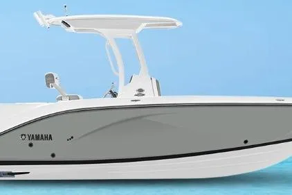 Slide: The Image of 2026 Yamaha Boats 222 FSH Sport E, sleek design, side view, blue background. - 54