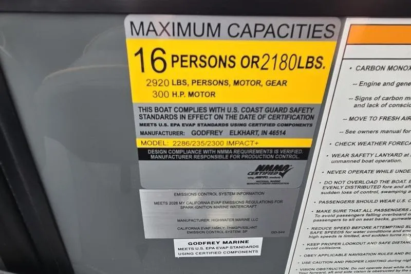 Slide: The Image of Capacity label for Godfrey SWEETWATER 2286 SB, 2026 model, 16 persons or 2180 lbs, 300 HP motor. - 13