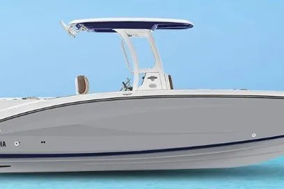 Slide: The Image of 2026 Yamaha Boats 252 FSH Sport in water, side view against blue sky. - 46