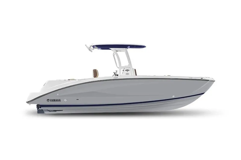 Slide: The Image of 2026 Yamaha Boats 252 FSH Sport, sleek design, side view, white and blue accents. - 47