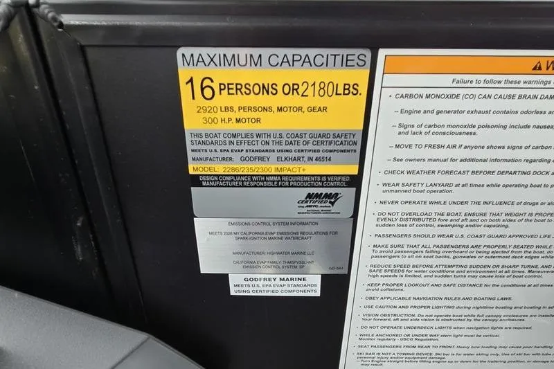 Slide: The Image of Capacity label for Godfrey SWEETWATER 2286 SB, 2026 model, 16 persons or 2180 lbs, 300 HP motor. - 11