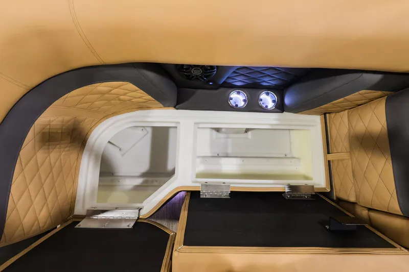 Slide: The Image of Luxurious interior of 2026 Godfrey Monaco 235 Split Bench with elegant tan upholstery. - 5