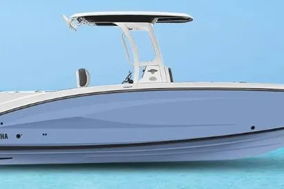 Slide: The Image of 2026 Yamaha Boats 255 FSH Sport E on clear blue water, side view. - 56