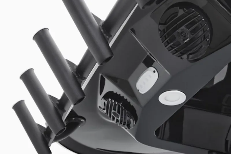 Slide: The Image of 2026 Yamaha Boats 255 FSH Sport E, featuring rod holders and speakers. - 61