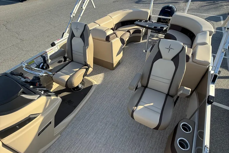 Slide: The Image of 2026 Berkshire 23RFX STS pontoon boat interior with luxurious seating and modern design. - 35