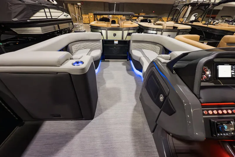 Slide: The Image of 2026 Godfrey Monaco 235 Split Bench interior with modern seating and ambient lighting. - 20