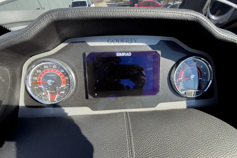 Slide: The Image of Dashboard of 2026 Godfrey Monaco 235 Split Bench with Simrad display and gauges. - 53