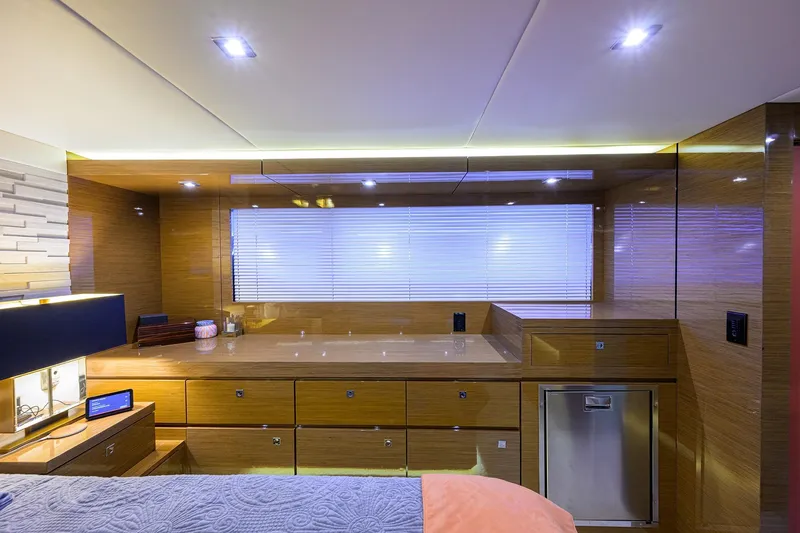 Slide: The Image of Luxurious interior of 2018 Cruisers 60 Cantius Fly yacht with modern wood finish. - 57