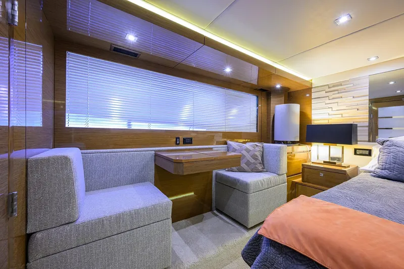 Slide: The Image of Luxurious interior of 2018 Cruisers 60 Cantius Fly yacht with modern seating and lighting. - 58