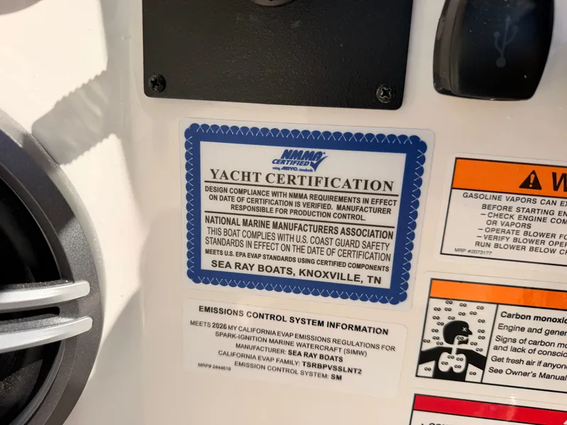 Slide: The Image of Yacht certification label on a 2026 Sea Ray SDX 270. - 45
