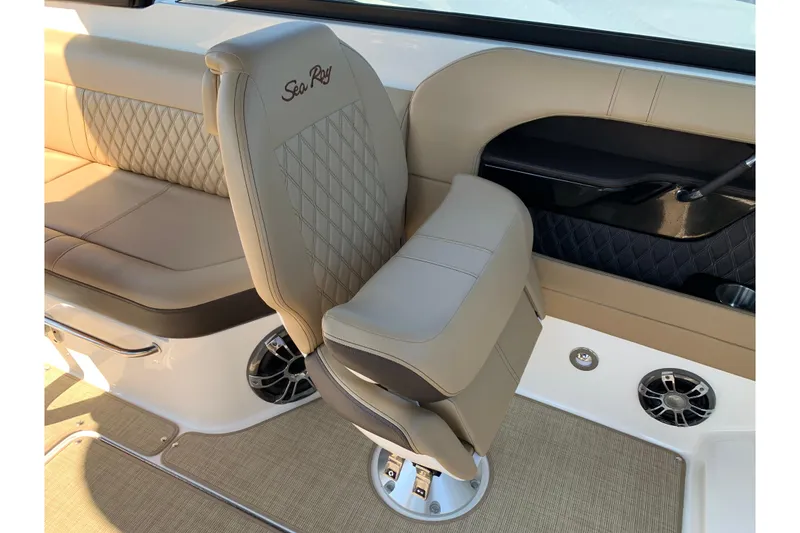 Slide: The Image of Luxurious seating in 2023 Sea Ray SLX 280 boat interior, featuring elegant design and comfort. - 14