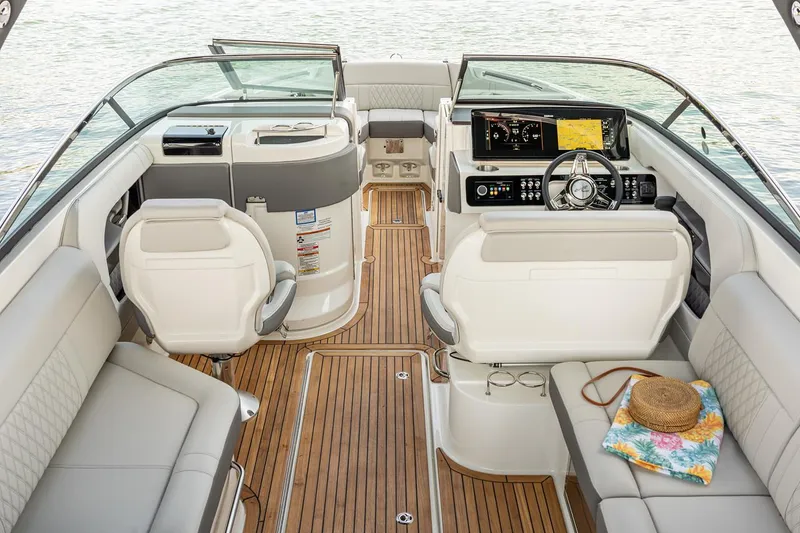 Slide: The Image of Manufacturer Provided Image: 2023 Sea Ray SLX 280 boat interior with luxurious seating and modern dashboard. - 24