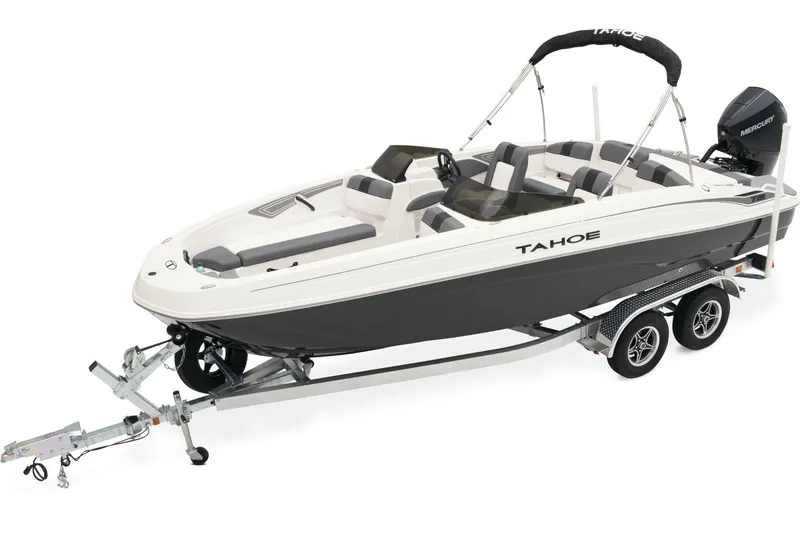 Slide: The Image of 2026 Tahoe T21 boat with Mercury Pro XS engine in a sunny outdoor setting. - 2