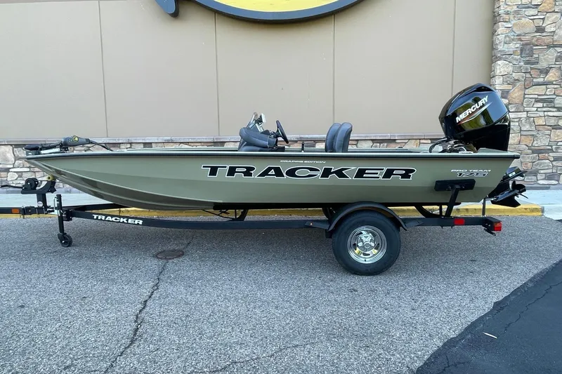 The Image of 2026 Tracker Pro Team 175 Crappie Edition boat on trailer, side view. - 0