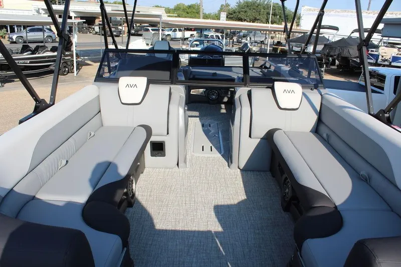Slide: The Image of 2026 Avalon LSZ Versatile Rear Bench Windshield 27 FT boat interior with spacious seating. - 12