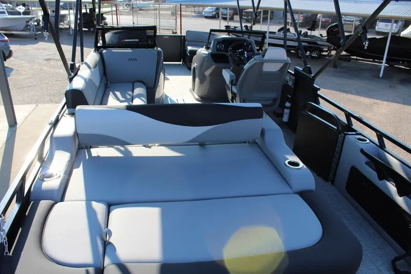 Slide: The Image of 2026 Avalon LSZ Versatile Rear Bench Windshield 27 FT boat interior with spacious seating. - 13