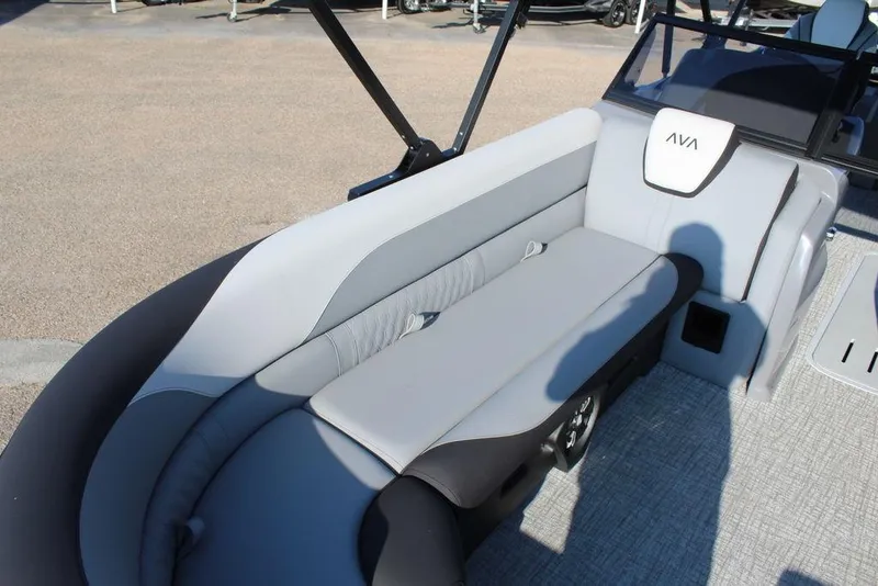 Slide: The Image of 2026 Avalon LSZ Versatile Rear Bench Windshield boat interior with gray seating. - 7