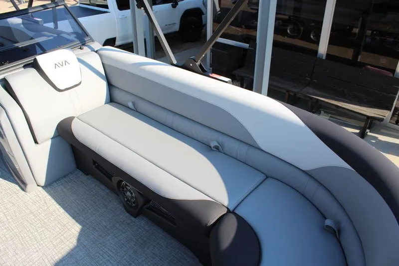 Slide: The Image of 2026 Avalon LSZ Versatile Rear Bench Windshield boat interior with sleek gray seating. - 9