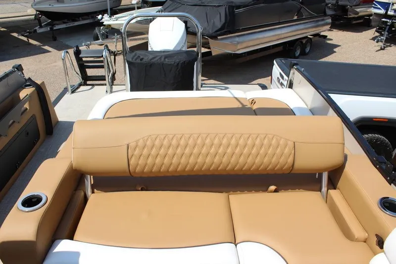 Slide: The Image of 2026 Avalon Catalina Versatile Rear Bench 25 FT with tan leather seating. - 19