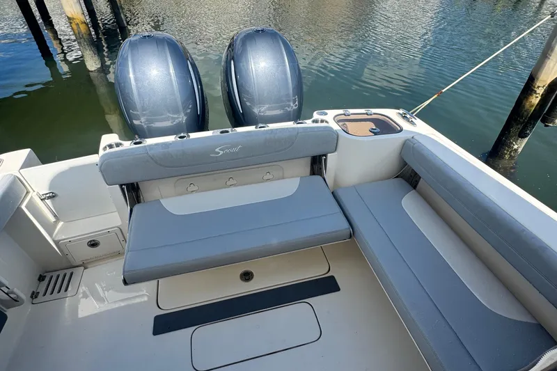 Slide: The Image of 2020 Scout 255 Dorado boat with dual engines and comfortable seating. - 7