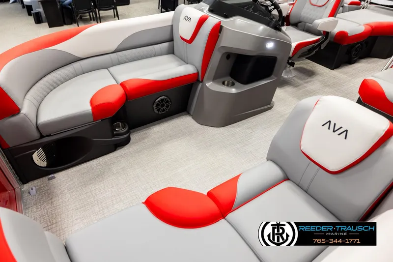 Slide: The Image of Luxurious 2026 Avalon LSZ QLS boat interior with red and gray seating, modern design. - 10