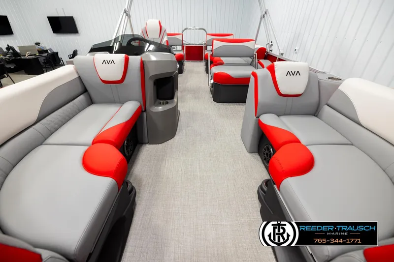 Slide: The Image of Luxurious 2026 Avalon LSZ QLS pontoon boat interior with red and gray seating. - 13