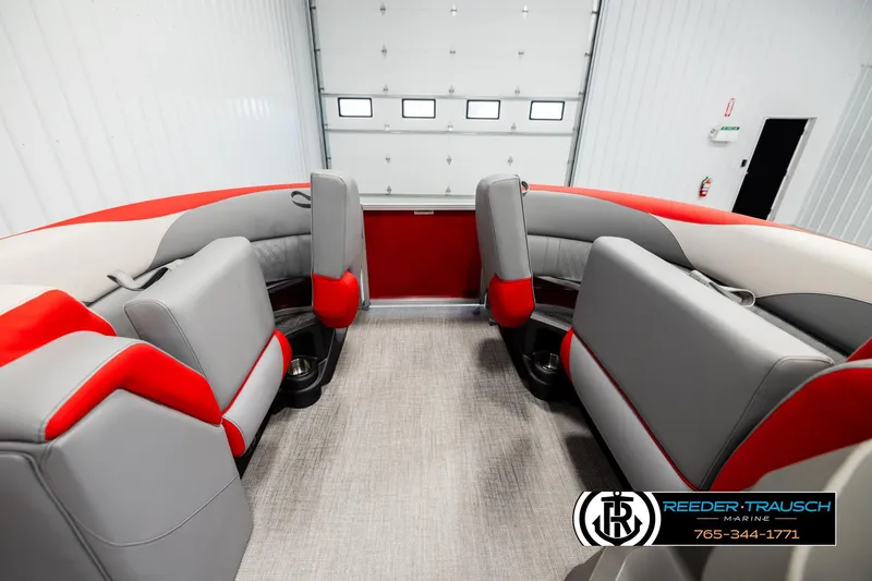 Slide: The Image of Interior of 2026 Avalon LSZ QLS boat with red and gray seating. - 19