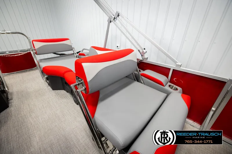 Slide: The Image of 2026 Avalon LSZ QLS boat interior with red and gray seating, modern design. - 20
