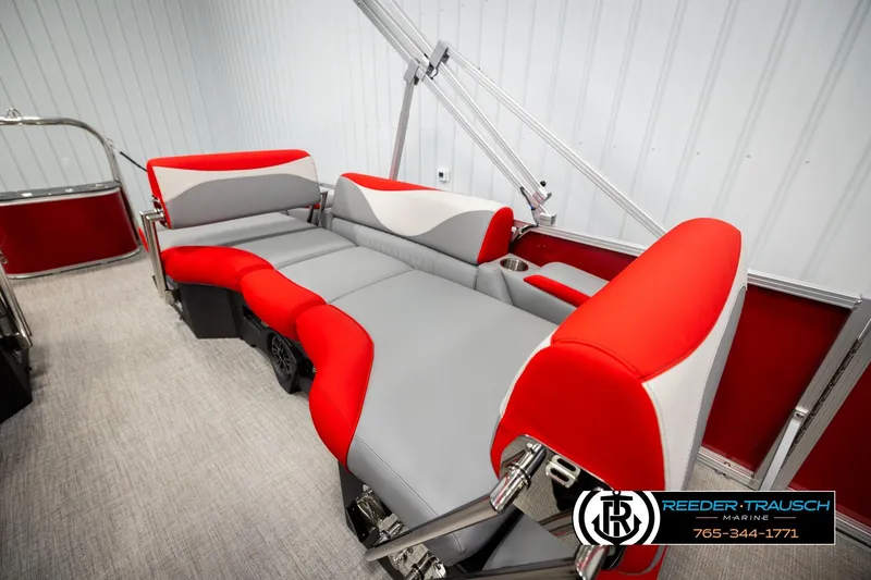 Slide: The Image of 2026 Avalon LSZ QLS boat interior with red and gray seating, showcasing modern design. - 21