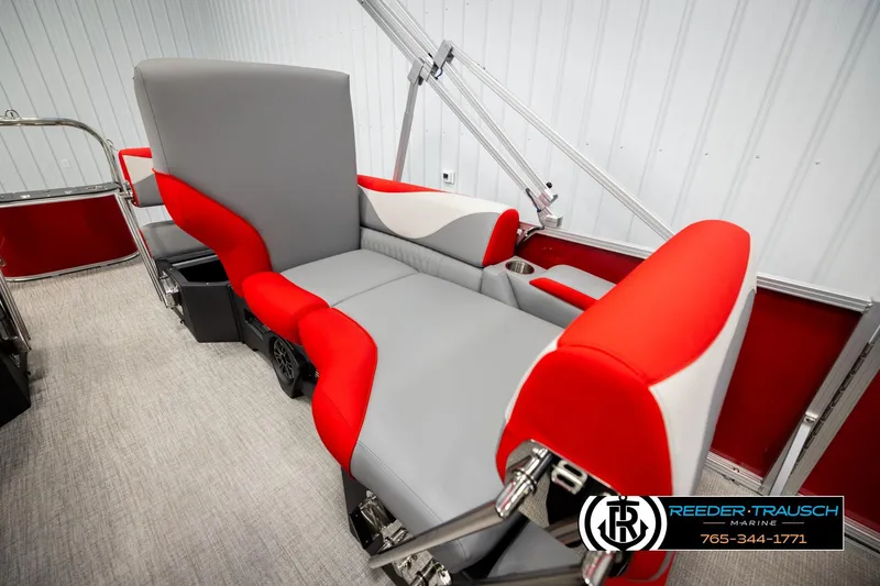 Slide: The Image of Luxurious seating in 2026 Avalon LSZ QLS boat, featuring red and gray upholstery. - 24