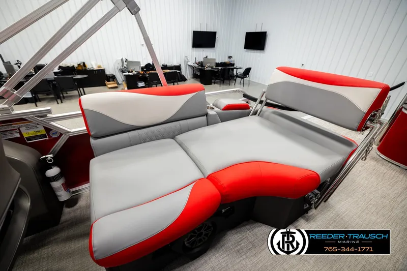 Slide: The Image of Luxurious seating on 2026 Avalon LSZ QLS boat, featuring red and gray upholstery. - 26