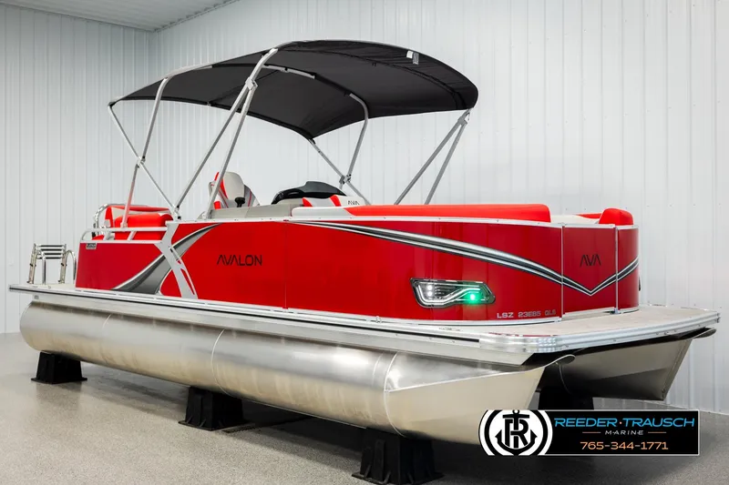 Slide: The Image of 2026 Avalon LSZ QLS pontoon boat in vibrant red with a black canopy. - 3