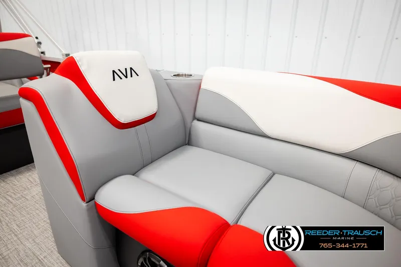 Slide: The Image of 2026 Avalon LSZ QLS boat interior with red and gray seating, featuring cup holder. - 31