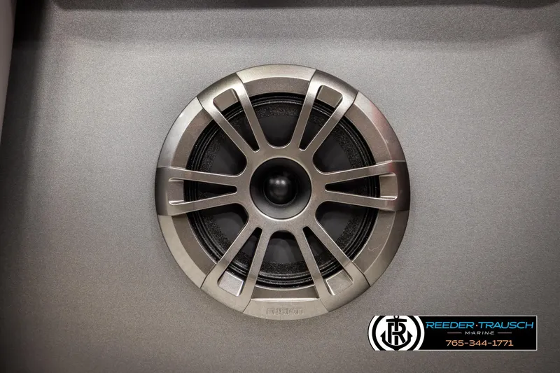 Slide: The Image of Speaker grille on 2026 Avalon LSZ QLS boat, featuring sleek metallic design. - 43