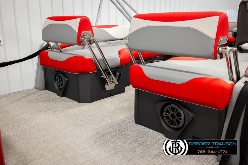 Slide: The Image of Red and gray seating on 2026 Avalon LSZ QLS boat, featuring built-in speakers. - 49