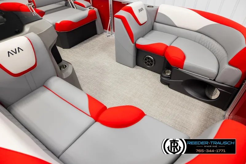 Slide: The Image of Luxurious 2026 Avalon LSZ QLS boat interior with red and gray seating, cup holders, and speakers. - 9