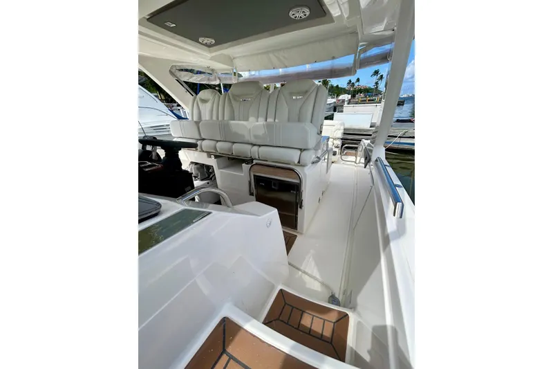 Slide: The Image of 2021 Tiara Yachts 34 LS interior with luxurious seating and sleek design. - 12