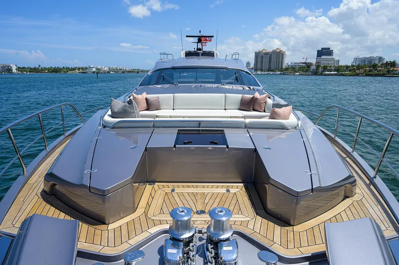 Slide: The Image of 2022 Pershing 9X luxury yacht on open water, sleek design, modern features. - 10