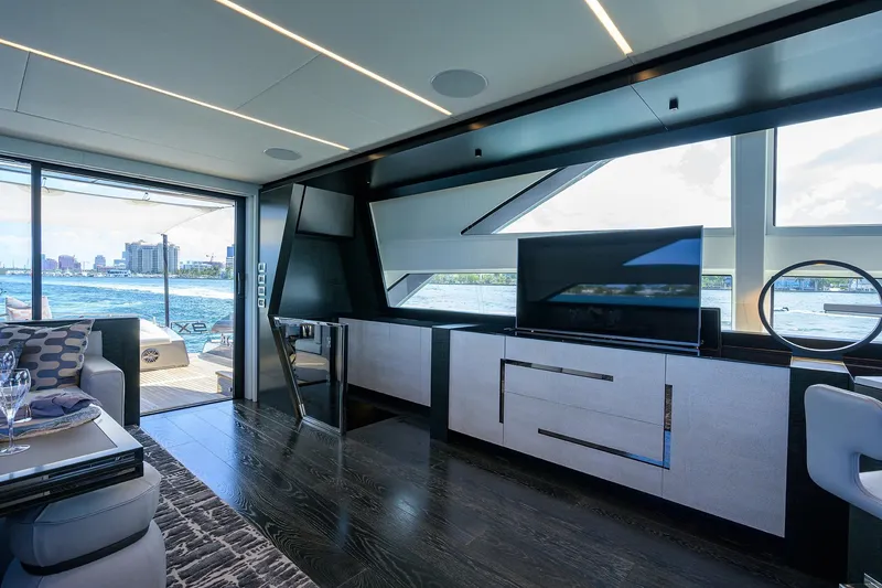 Slide: The Image of Luxury Pershing 9X yacht deck, 2022 model, cruising on a sunny day. - 36