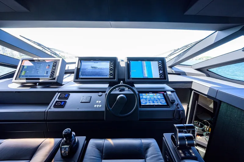 Slide: The Image of Luxurious interior of 2022 Pershing 9X yacht with modern design and waterfront view. - 43